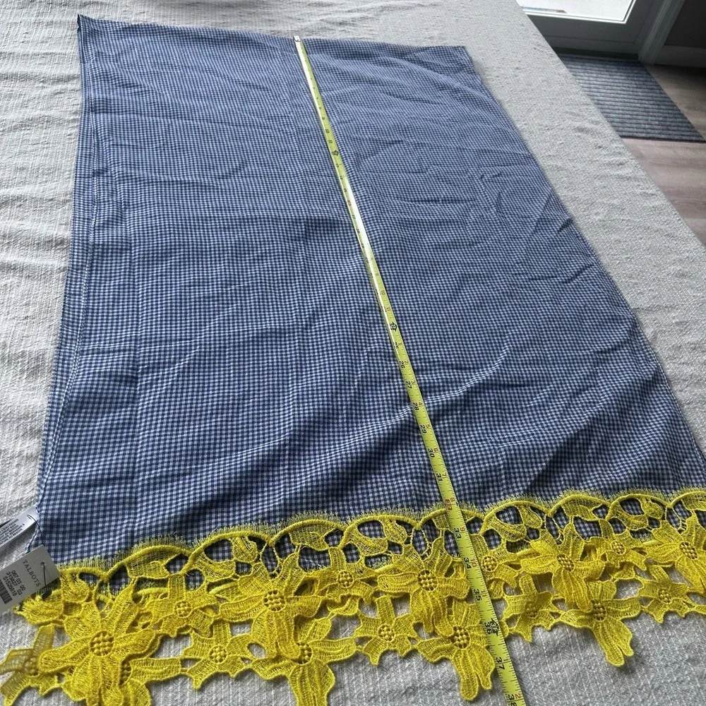 NWT blue/white Gingham Cotton Scarf Bright Yellow Lace Embroidered Ends